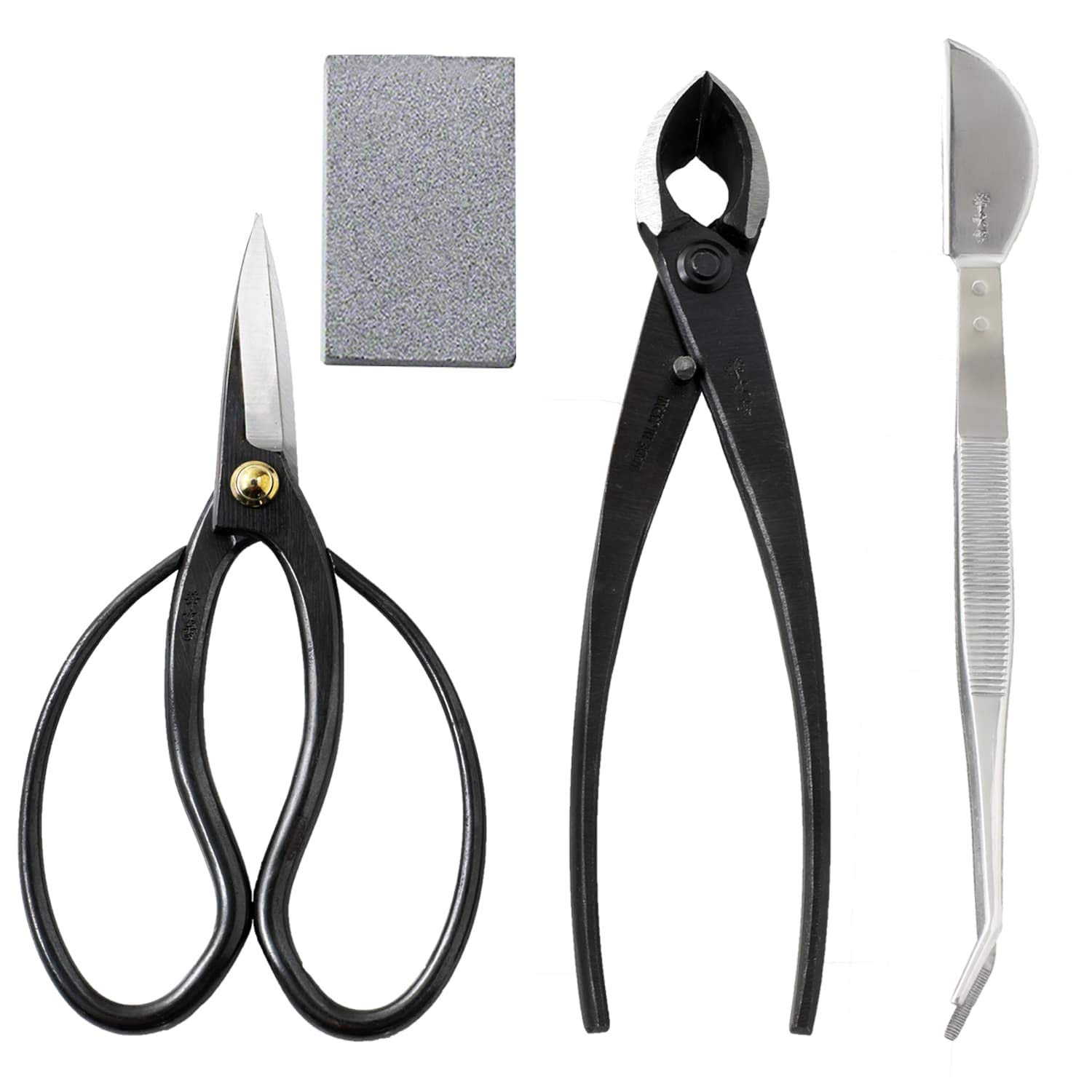 Wazakura 4PCS Bonsai Essential Tool Kit Made In Japan, Japanese Bonsai Scissors 7" (180mm) + Concave Branch Cutter 8" (200mm) + Stainless Tweezers + Sap Eraser Gift Box Set