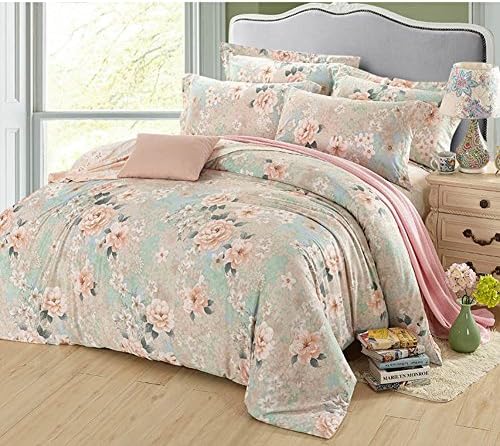 200TC [farmhouse style] Day Plants and flowers four set of duvet cover (1Duvet cover 1Flat sheets 2Pillow)-A King