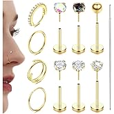 LOLIAS 14K Gold Plated Nose Rings 20G 18G Threadless Nose Rings Hoops Studs - 316L Surgical Steel Push in Flat Back Nose Stud - CZ Hypoallergenic Nose Tragus Helix Piercing Jewelry for Women Men 11Pcs