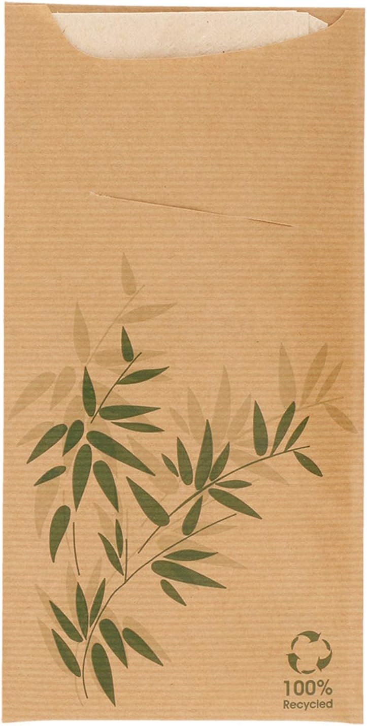 Cutlery Sachets+Napkin "Just In Time"- Feel Green 80 + 10Pe Gsm + (18Gsm) 11,2X22,5 Cm Natural Kraft Ribbed - 100 Units