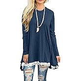 Andaa Women's Crew Neck Long Sleeve Lace Splicing Swing Shirt Dresses Long Tunic Blouses Shirts for Leggings