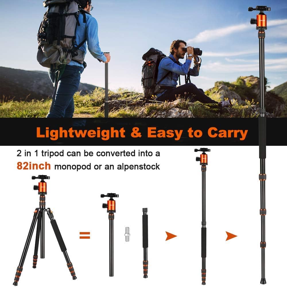 Joilcan 80-inch Tripod for Camera, Aluminum Tripod for DSLR, Monopod, Lightweight Tripod with 360 Degree Ball Head Stable for Travel and Work 18.5"-80", 19lb Load (Orange) : Camera & Photo