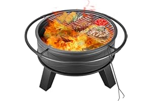 EcoNook 32 inch Fire Pit for Outside with Grill, Heavy Duty Wood Burning Fire Pit, Firepit with Log Grate & Waterproof Cover & Fire Poker & Mesh Screen for Outdoor, Picnic,Patio