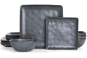 Richmount Dinnerware Sets for 4, Ocean Square 12-Piece Plates and Bowls Sets, Microwave and Dishwasher Safe, Scratch Resistan