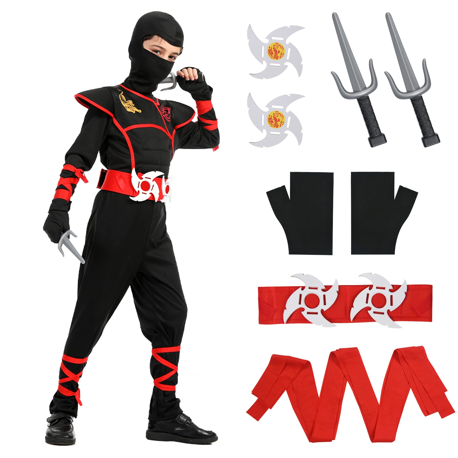 Aomig Kids Halloween Fancy Dress Costume with Ninja Accessories, Warrior Muscle Costume for Boys Girls, Luxury Role Play Outfit for Halloween Cosplay Theme Party (S)