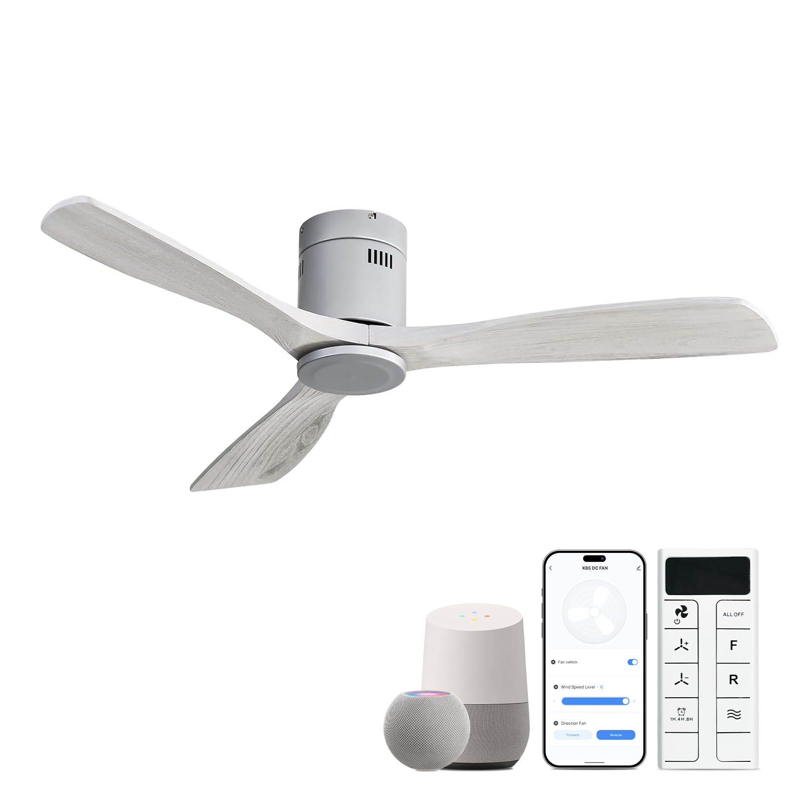 Sofucor 52 Inch Smart Ceiling Fan Without Lights Flush Mount Solid Wood Ceiling Fan with Alexa/Google Assistant/APP/Remote Control-Modern Outdoor Ceiling Fans No Light for Bedroom/Patio, Silver Grey Image