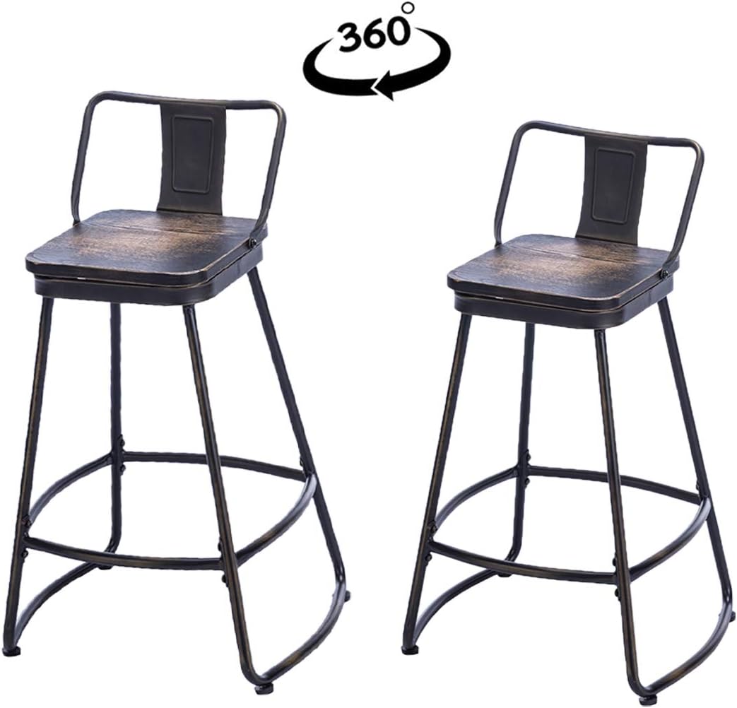 Tongli Swivel Counter Stools with Backs Set of 2 Metal Bar Stools Counter Height, Patio Dining Chairs with Wooden Seat 26"