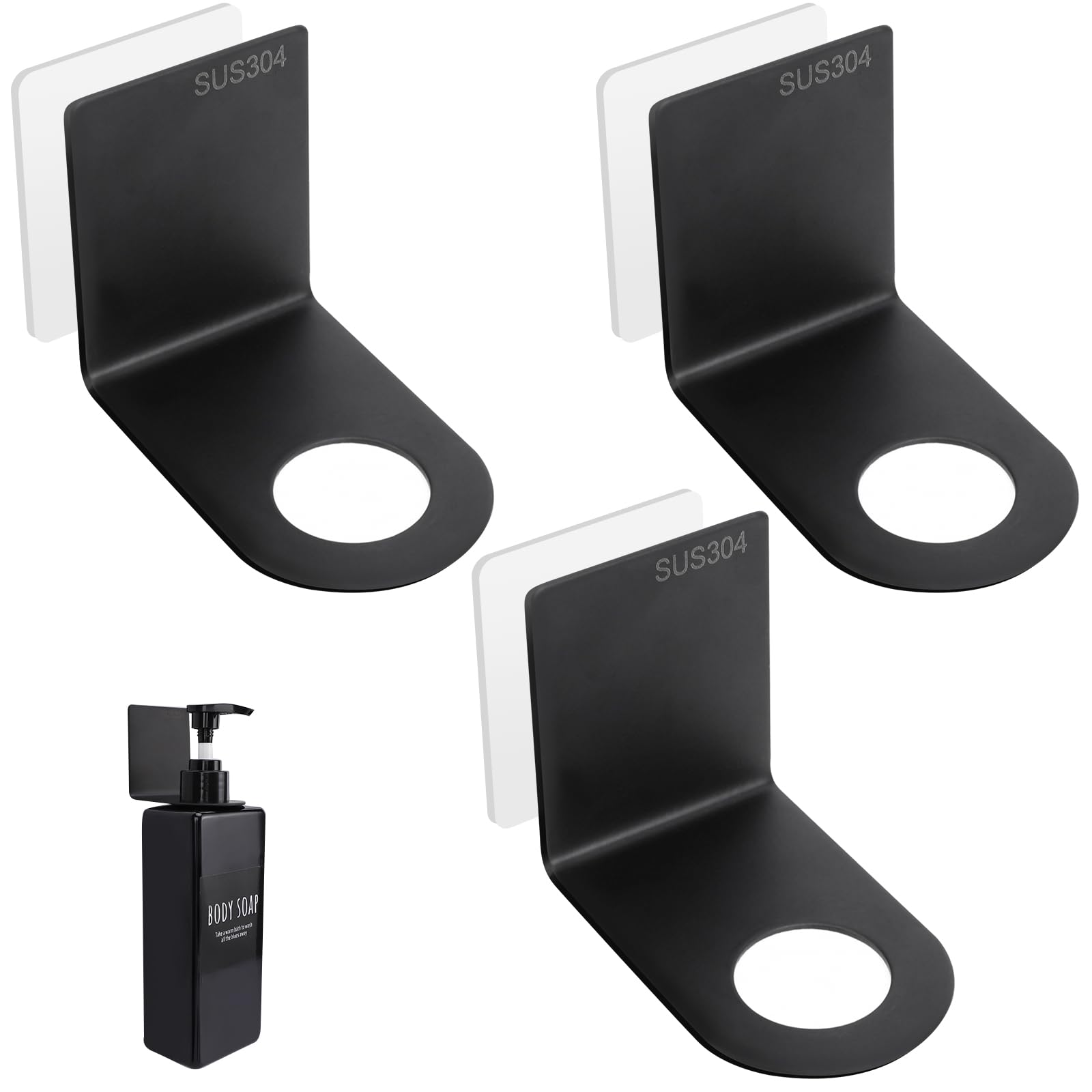 Photo 1 of Segbeauty Adhesive Bottle Holder for Soap Dispenser, 3pcs 1.1inch 2.8cm Drill-Free Shower Shampoo Holder, Stainless Wall Mounted Hanging Rack for Hotel Toilet Kitchen, Black