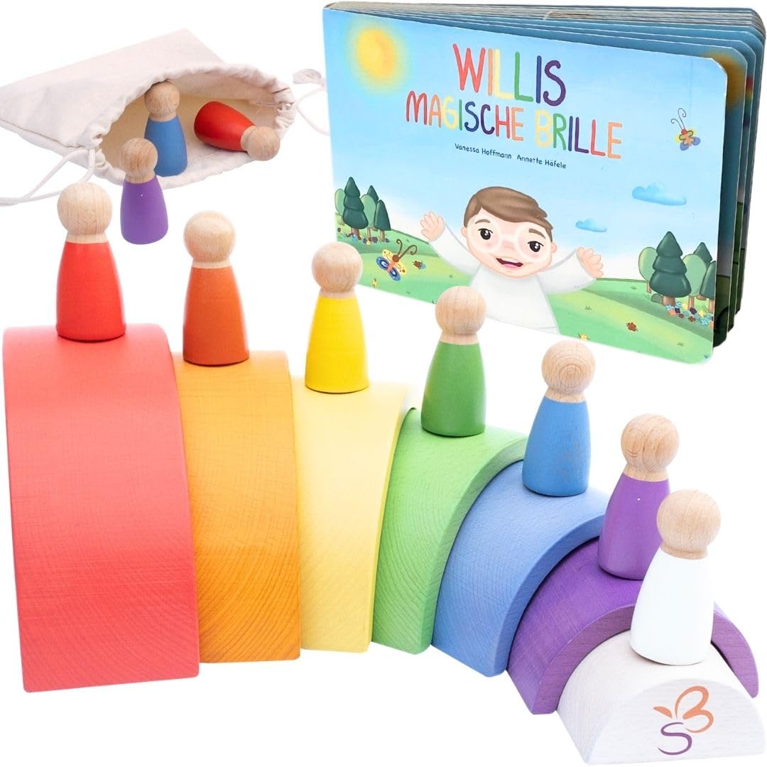 SCHMETTERLINE® Rainbow Wooden Game Including Wooden Figures & Readout Book Willis Magic Glasses - Montessori Rainbow Toy for Children from 3 Years - Wooden Learning Toy with Rainbow & Wooden Dolls