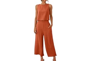 yardsong Womens 2 Piece Summer Outfits Cotton Linen Set Sleeveless Buttons Back Crop Tank Tops Wide Leg Pants Matching Sets