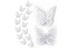 VSHINIC 16pcs Butterfly Lace Trim, Double Layers Organza Butterfly Lace Fabric Embroidery Sewing DIY for Wedding Bride Hair Dress Hat Accessories (White)