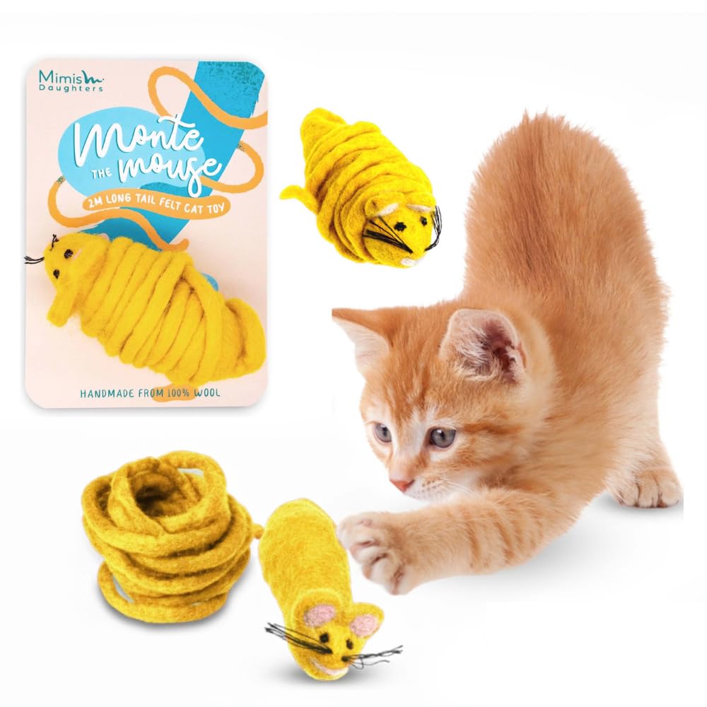 Mimi's Daughters Felt Wool Natural Cat Kitten Chew Mouse Scratch Chase Play Toy - Interactive Exercise 2M Long Tail - For Indoor Cats - Unique Handmade Felt Cat Toy