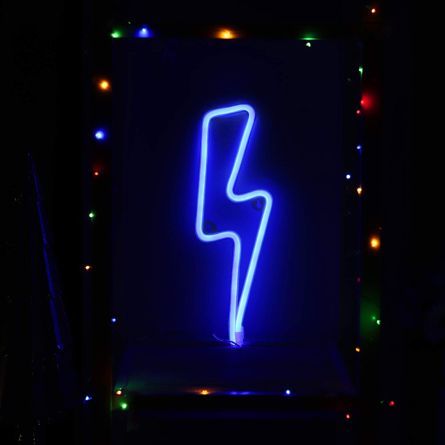 Neon Night Light Blue Lightning Bolt Battery and USB Powered Wall Art LED Decorative Lights for Living Room Man' Cave Games' Room Party Decoration(NELNBB)