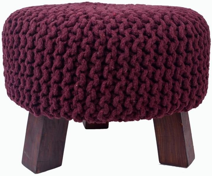 Tanishkam Decor Hand Knitted Polished Wooden Stool|Ottoman(Cotton & Wood, 16"x16",Purple)
