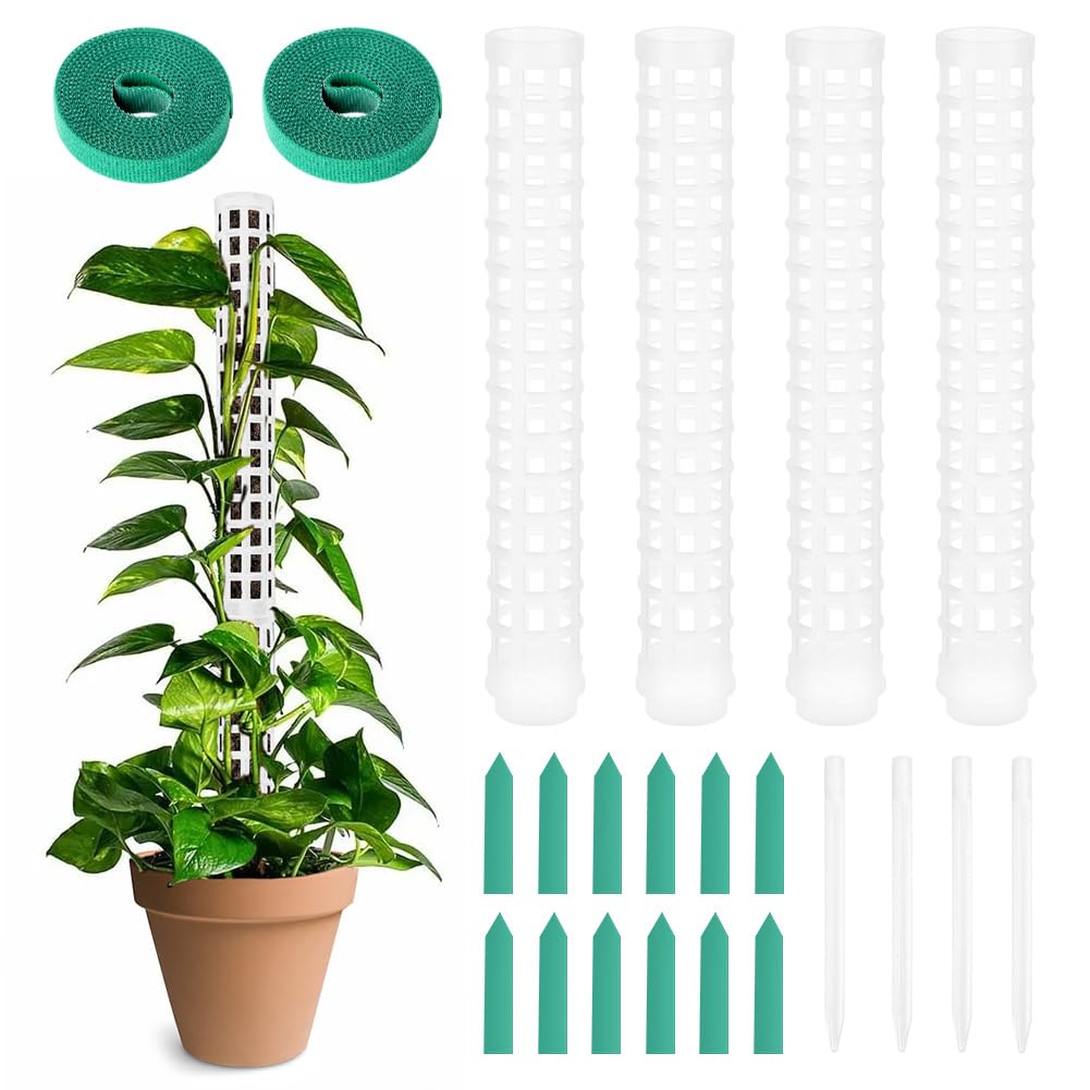 OFFCUP Plastic Moss Poles, 4x 25cm/ 100cm Monstera Plant Support for Climbing Plants, Plant Poles with Cable Ties & Labels, Plant Stakes for Indoor Outdoor Plants (White)