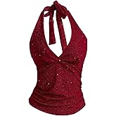 MakeMeChic Women's Sparkly Halter Tops Y2k Backless Deep V Neck Rave Crop Tops