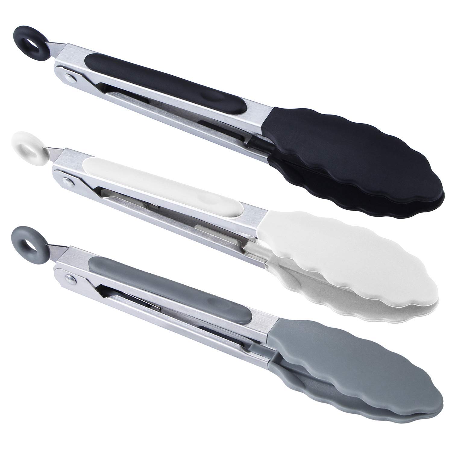 MSY BIGSUNNY 7" Mini Silicone Serving Tongs Set (3, Black White Gray)