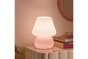 ONEWISH Mushroom Lamp-Small Bedside Table Lamp with Striped Glass, Nightstand Lamp for Bedroom, Living Room, Cafe, Bulb Included, Home Decor for Girls Women Birthday Christmas Thanksgiving Day, Pink