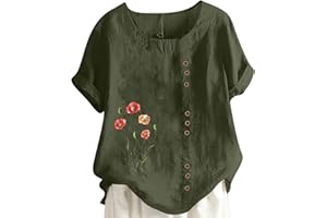 Women's Plus Size Linen Tops Short Sleeve Button Down Shirts Casual Summer Blouses Round Neck Tunic Tops Resort Wear