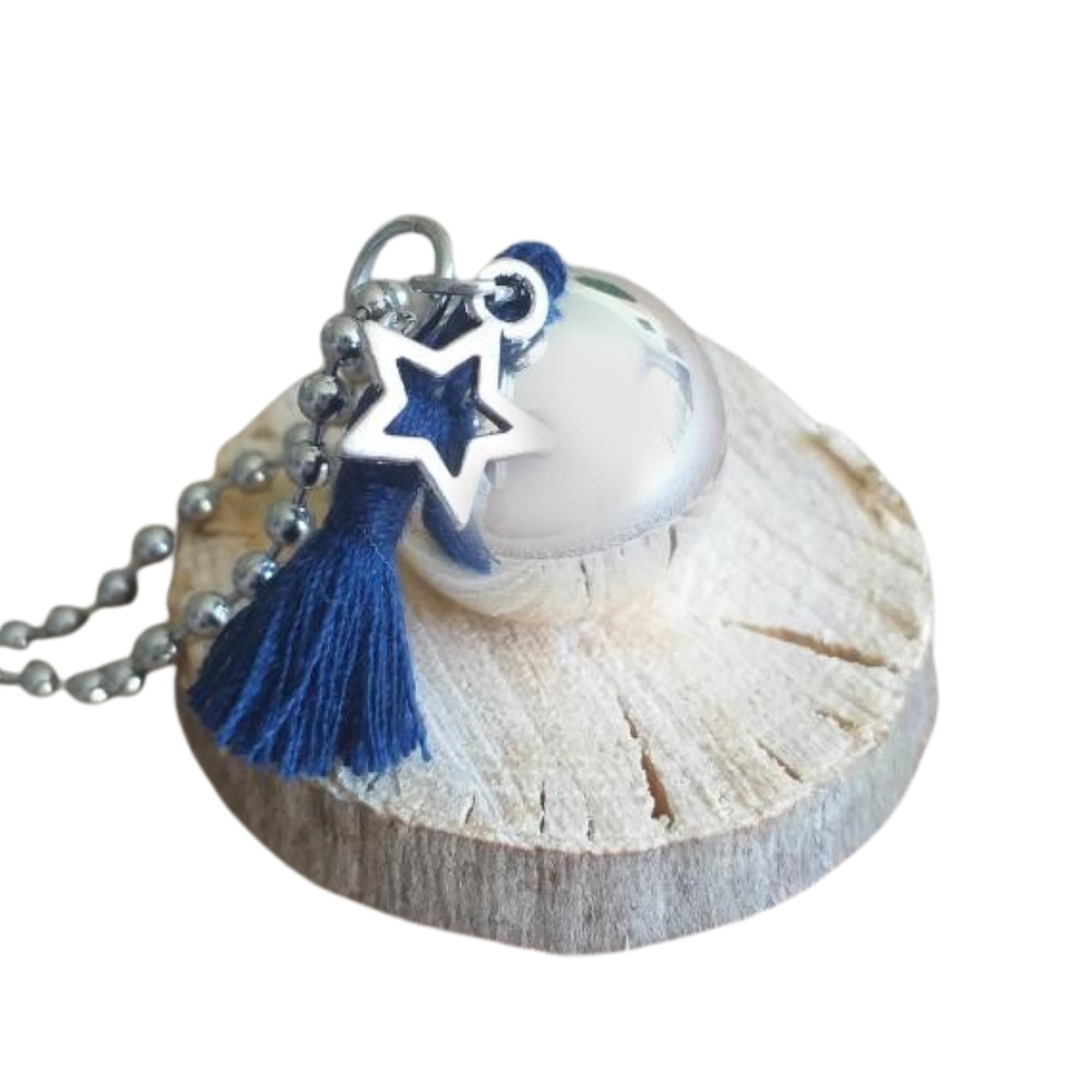 Pregnancy Bola with ASMO Chain, Customisable, Silver with Navy Blue Pom Pom Pom Pom Pom Pom Pom Pregnancy Bola and Star