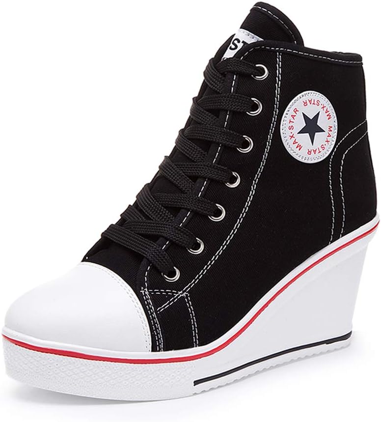 Nesyd Women's Wedges Sneaker High-Heeled Canvas Shoes Platform High Top Fashion Walking Sneakers