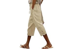 Linen Pants Women Lightweight Quick Dry Beach Capris Hollow Out Embroidery Side Summer Capri Vacation Crop Trousers