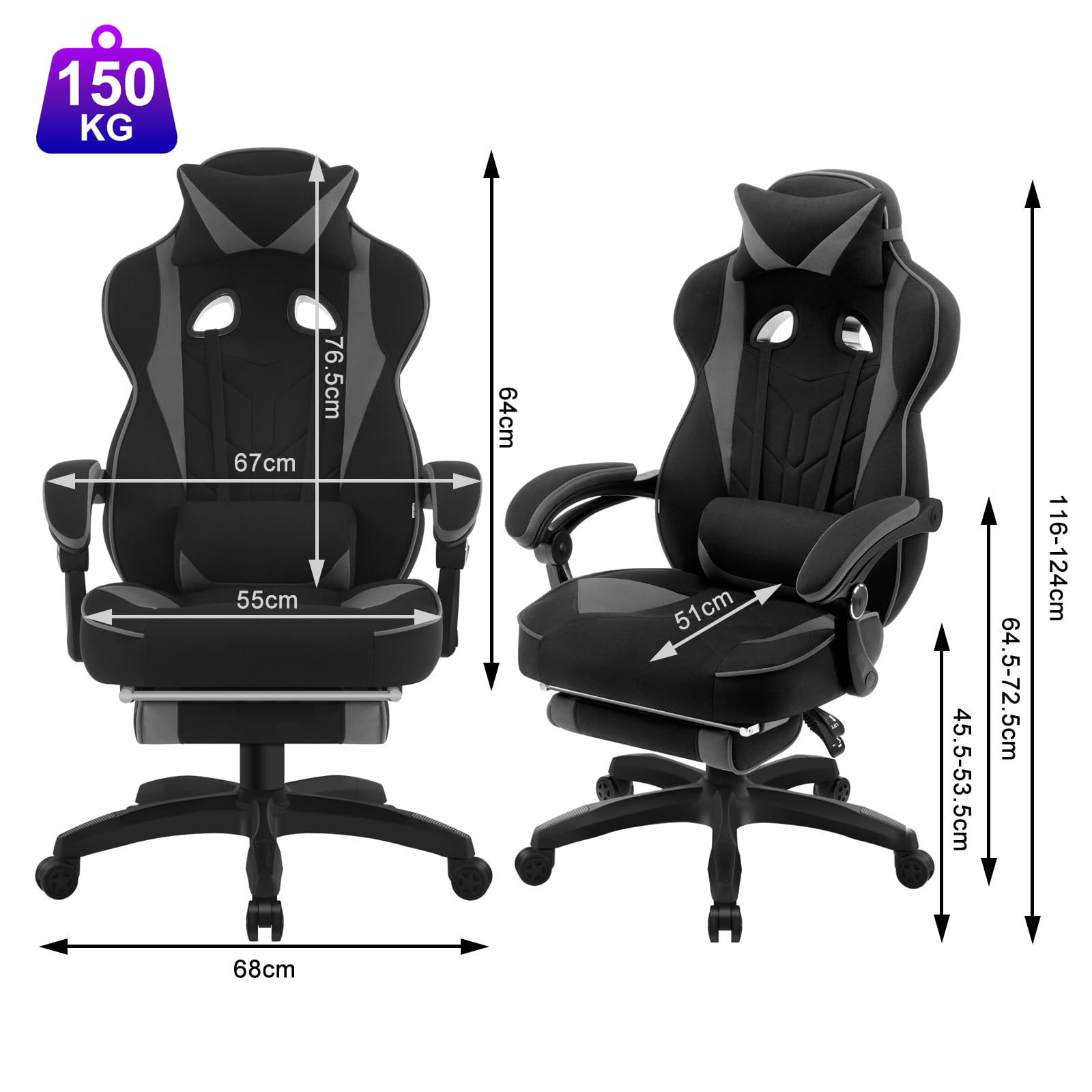 WOLTU Gaming Stuhl Stoff Stoff Kühl im Sommer Ergonomischer, 150 kg Belastbarkeit Verstellbarer Rückenlehne, Ergonomische Lendenstütze, Fußstütze, Büro- & Game-Sessel, Schwarz+Grau 6