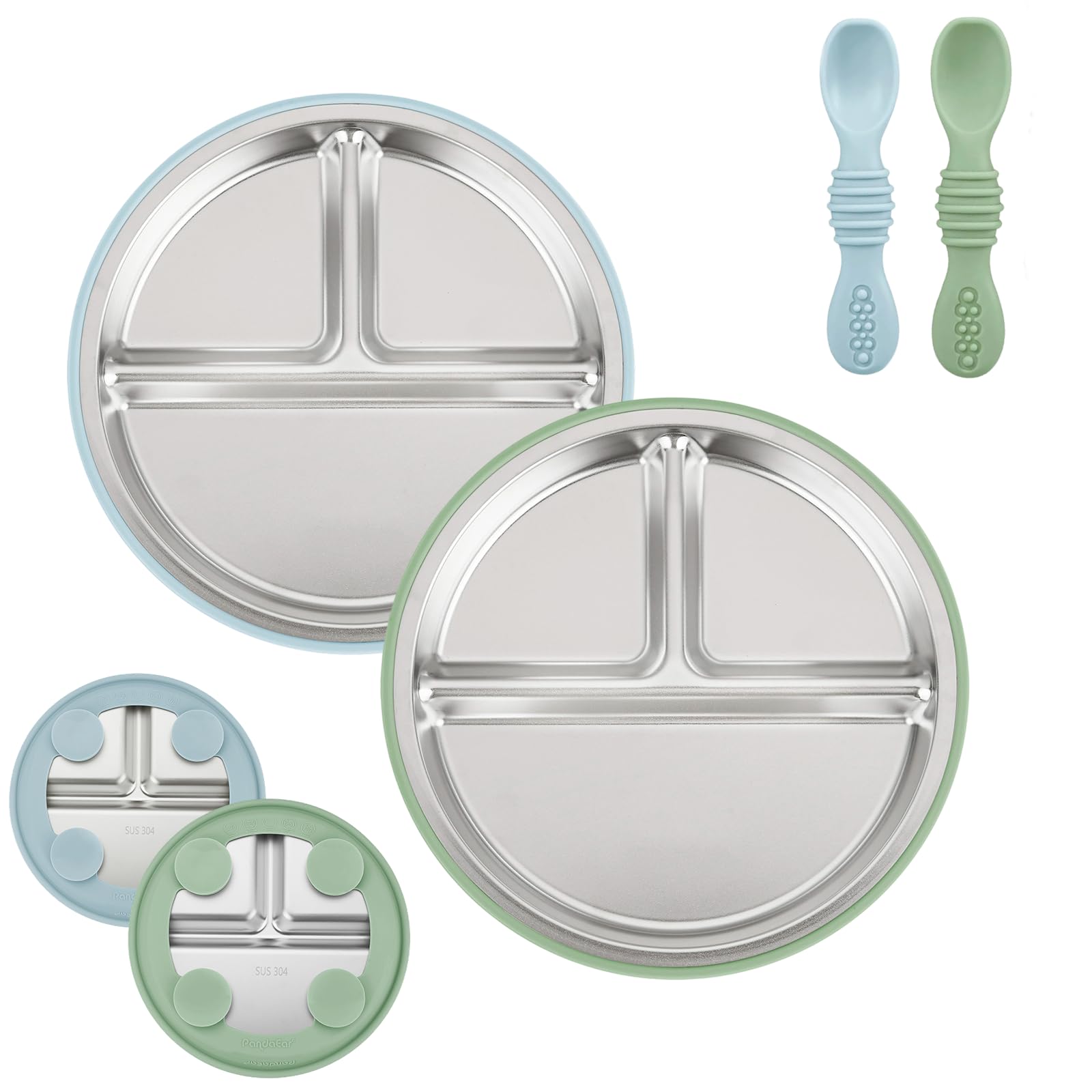 Photo 1 of ***MISSING PIECES*** PandaEar 2 Pack Stainless Steel Baby Suction Plates & 2 Pack Spoons, Toddler Utensils Baby Feeding Set, Divided Plates for Baby Led Weaning Supplies, BPA-Free (Blue/Green)