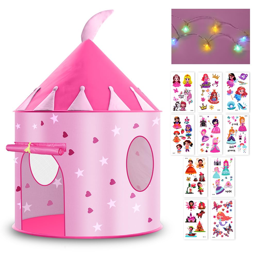 HOTUT Kids Play Tent, Pop Up Tents for Kids with Multi-Coloured Star Lights, Princess Castle Playhouse for Children, Foldable Pop Up Playhouse Fun Toy for Girls & Boys, Birthday Presents for Girls