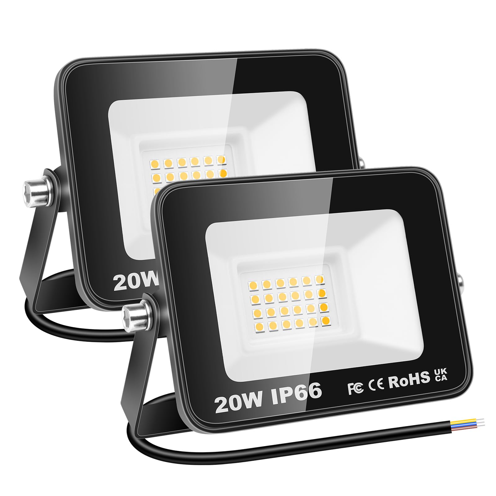 RIGIDON 2 Pcs Outdoor Flood LED Work Light, 20W 2000 Lumens Floodlight, Daylight Warm White Security Lights for Garden Yard Lawn Basketball Football Court Patio Landscape, IP66 Waterproof 3000K