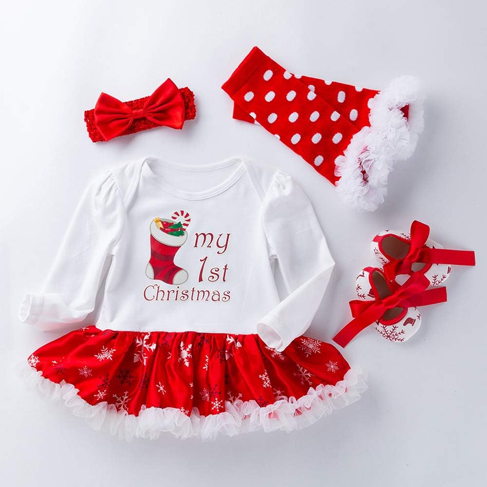 Amazon Com Amberetech Newborn Girls Christmas Costume Bodysuit Headband Leg Warmer Shoes 4pcs Tutu Dress Up Party Outfits Clothing