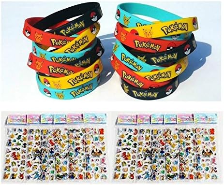 Bundle (16 Count) Pokemon Style Party Supplies Silicone Wristband Bracelet Favors &amp; BONUS (16 Sheets) Pokemon Style Stickers