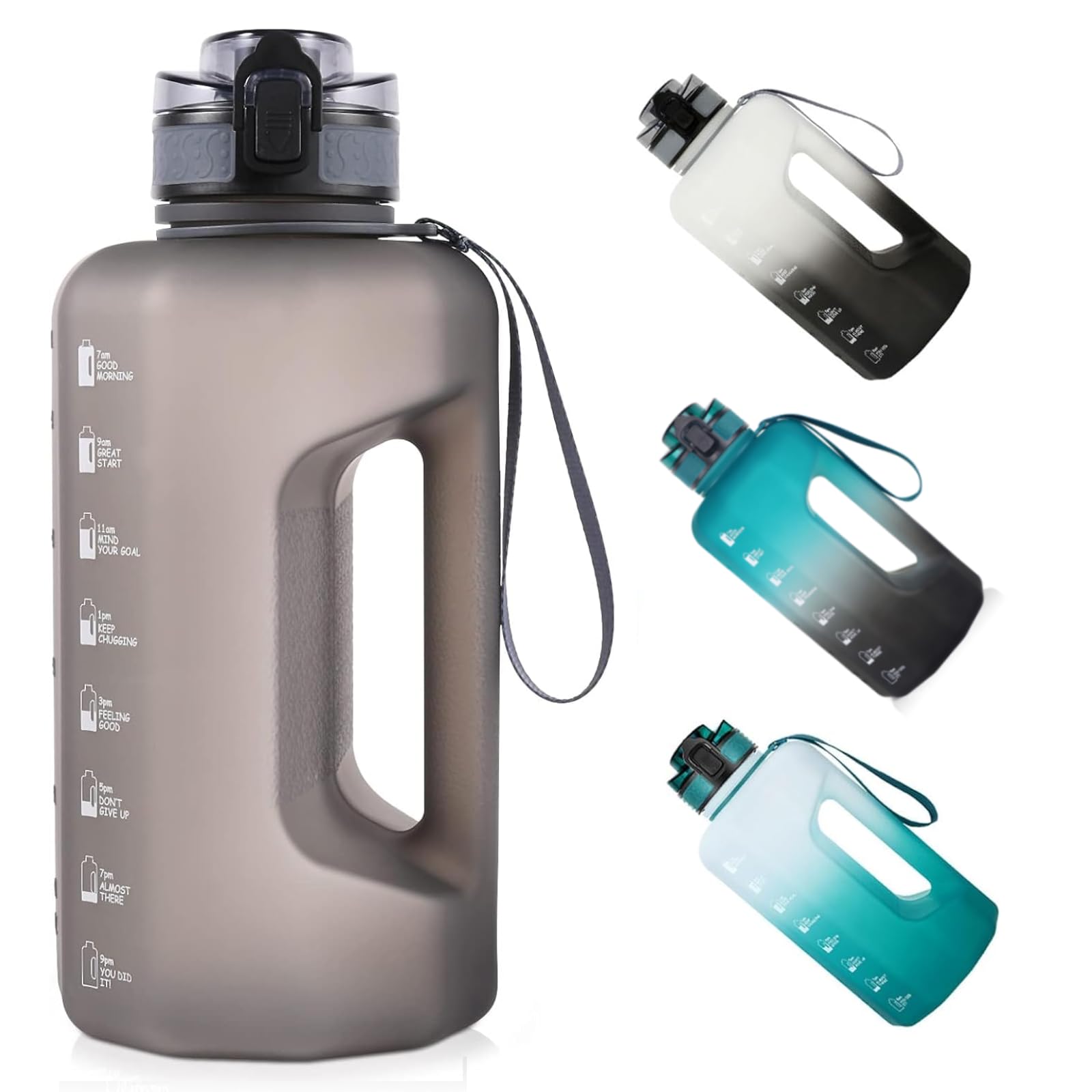 GEMFUL 2.2 Litre Large Water Bottle with Time Markings | BPA Free Sports Water Bottle for Gym, Running, Hiking, Cycling & Camping | Reusable Leak-Proof Drinking Flask (Gray)