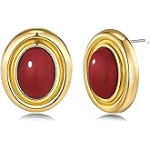 SNGIA 18K gold plated Medium Oval Button Chunky Statement Earrings for Women by SNGIA, (Turquoise, Carnelian, Aventurine, Amethyst, Malachite, Cat Eye, White, Cream) Bold Handmade Colored (Red, Blue, Green, White, Cream, Purple) Exaggerated Dome Retro Rounded Button Trendy Bohemian Gemstone Stud Jewelry Gifts, Unique Vintage Baroque Stone Summer Beach Fashion Earrings Accessories, Round Thick Circular Nickle Free Huggies Earrings.