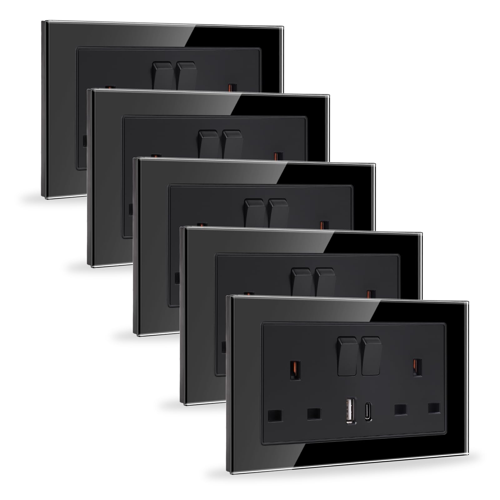 JIMEIDA 5 Pack 20W Black Double Switched Socket Fast Charging 13 Amp with USB A and USB C Charging Ports Crystal Glass Panel Wall Outlet,250V