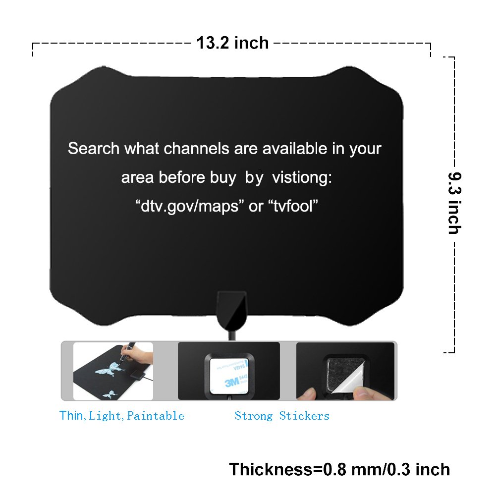 TV Antenna, LENPOW Best Indoor 1080P Amplified Digital TV Antenna 60 Mile Range with Detachable Amplifier Signal Booster, USB Power Supply, 16.5Ft High Performance Coaxial Cable, Black