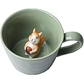 DIHOclub Squirrel Ceramic Cup Hidden 3D Animal Inside Mug,Cute Cartoon Handmade Figurine Mugs,Holiday and Birthday Gift for Coffee Milk Tea Lovers,12 OZ(Light Green)