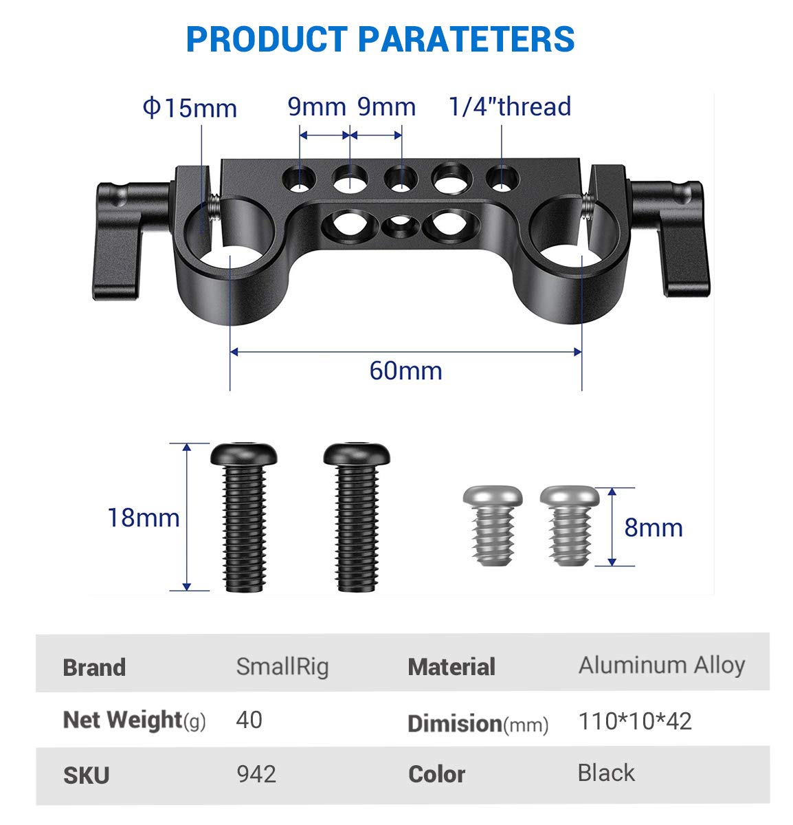 SmallRig Super Lightweight Railblock, 15mm Rod Clamp with 1/4
