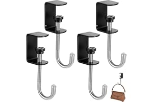 cobee Clamp-On Under Desk Hooks, Desk Mount Hanging Bag Holder Metal Hook Adjustable Headphones Clamp Organizer Portable Purse Hanger Clip Reduce Desk Clutter Table Desk Under Counter (4 Pcs, Black)