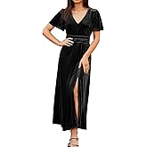 Simplee Women's Velvet Maxi Dress V Neck Short Sleeve Empire Waist Semi Formal Long Cocktail Dresses