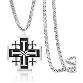VASSAGO Jerusalem Cross Necklace Stainless Steel Crusaders Cross Pendant Necklace Religious Statement Prayer Amulet Medieval Baptism Jewelry Gift for Men Women