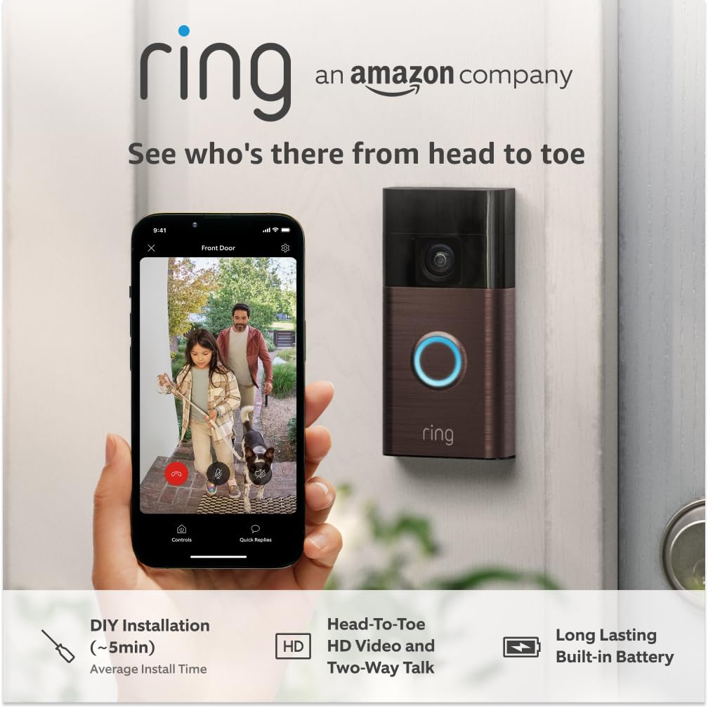 Ring Battery Video Doorbell (2024 release)| DIY Wireless Video Doorbell Camera I Head-To-Toe View, HD Video | Easy to install (5 min) | With Built-in Battery I 30-day free trial of Ring Home