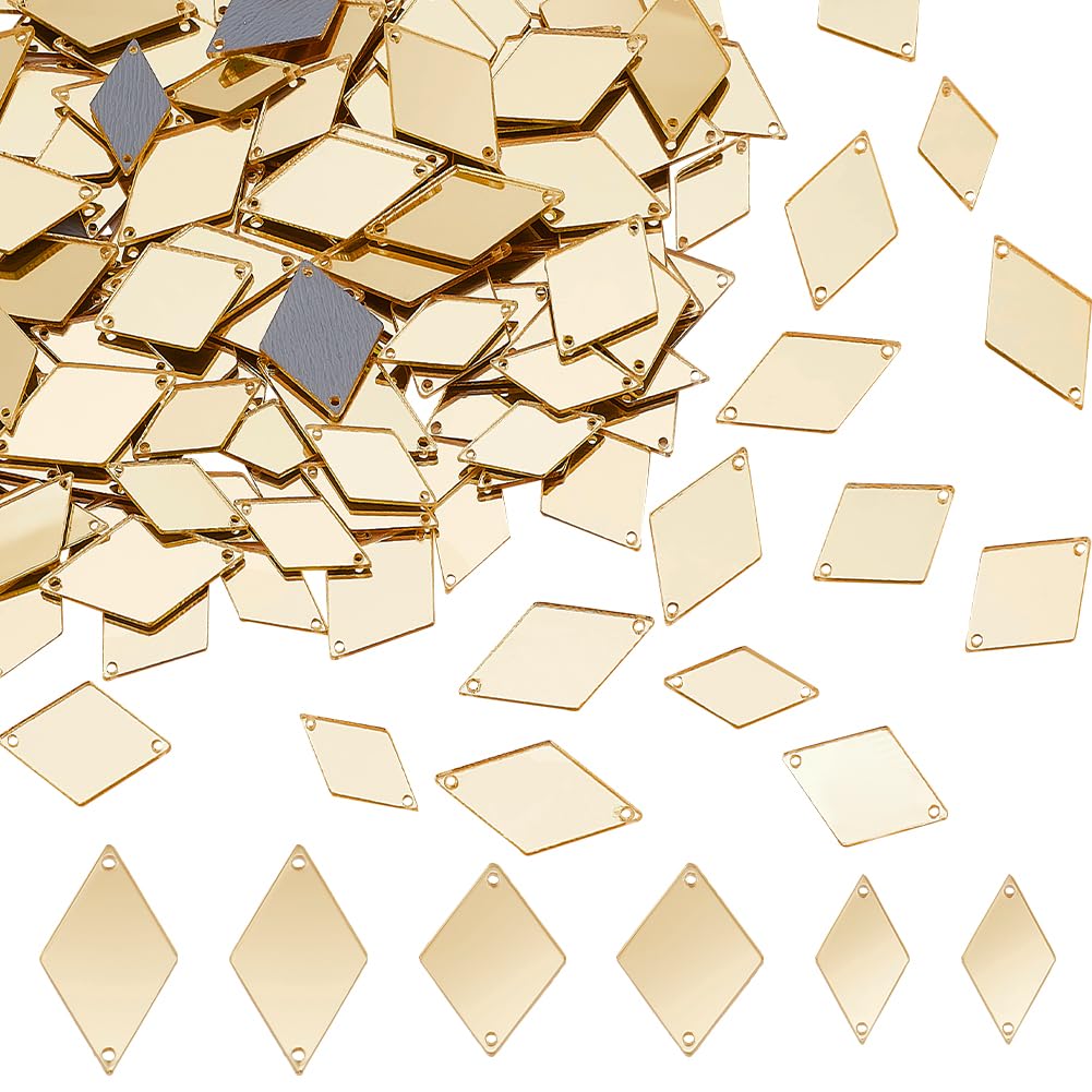 PH PandaHall 300pcs 3 Sizes Sew on Mirrors, Rhombus Acrylic Mirror DIY Mirrored Rhinestones Mirror Piece Loose Bead Links with 2 Holes for Costume Dance Party Evening Dress Bags Cloth Garment, Golden