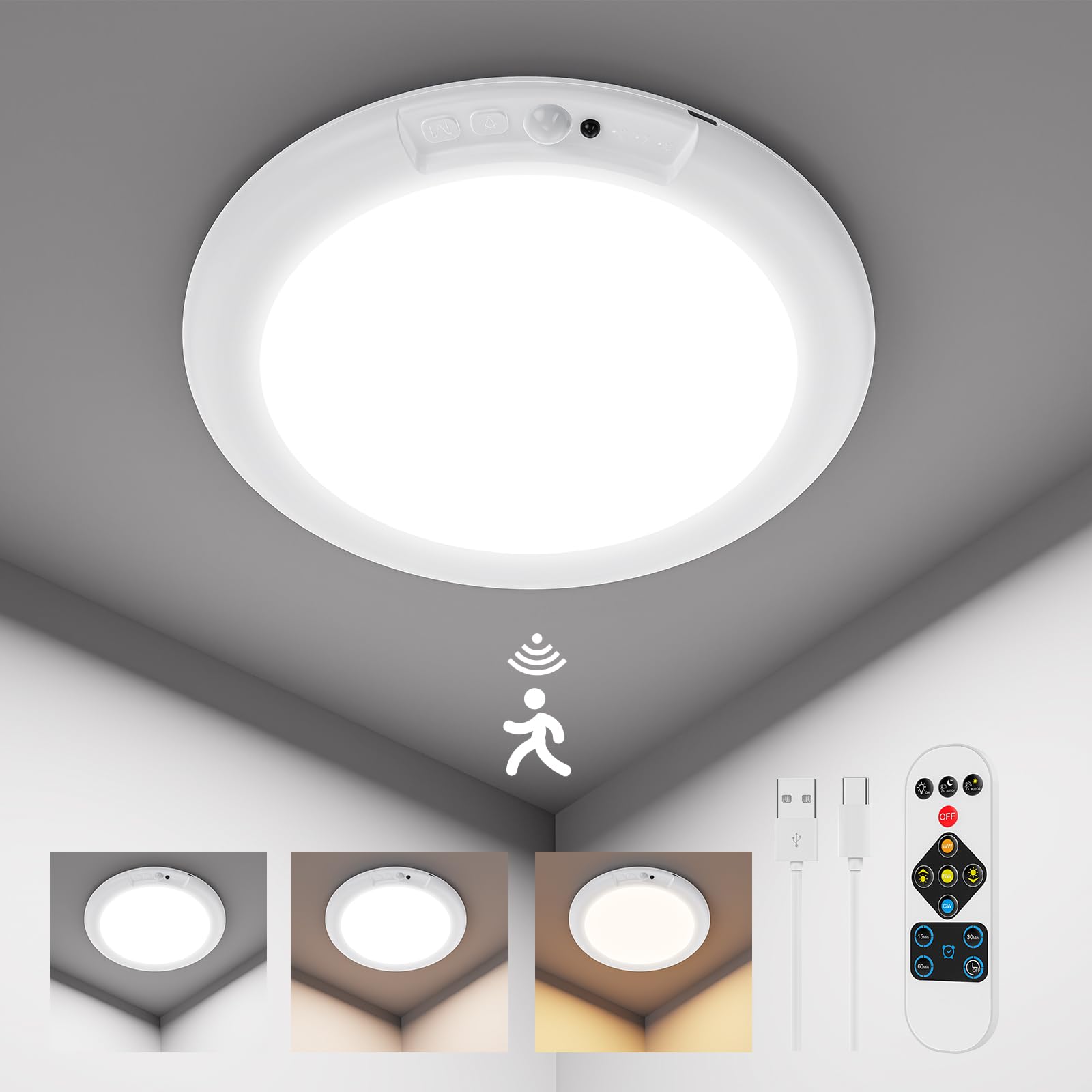 Photo 1 of HURYEE Magnetic Wireless Ceiling Lights, Battery Operated Ceiling Light wiht Remote, Rechargeable Motion Sensor Closet Light for Shower Bathroom Hallway Porch