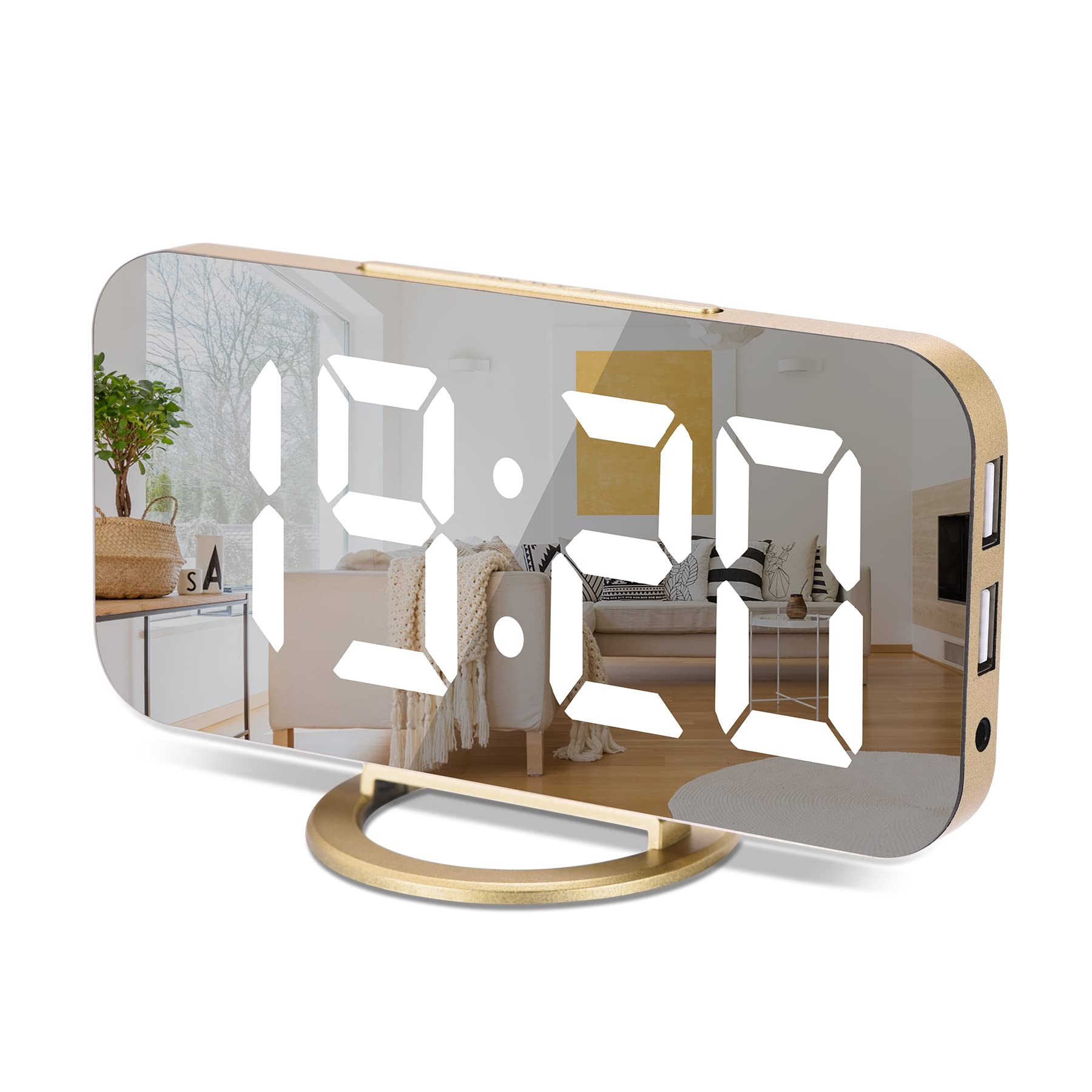 Sukeen Digital Clock Large Display, LED Electric Alarm Clocks Mirror Surface for Makeup with Diming Mode, 3 Levels Brightness, Dual USB Ports Modern Decoration for Home Bedroom Decor-Gold