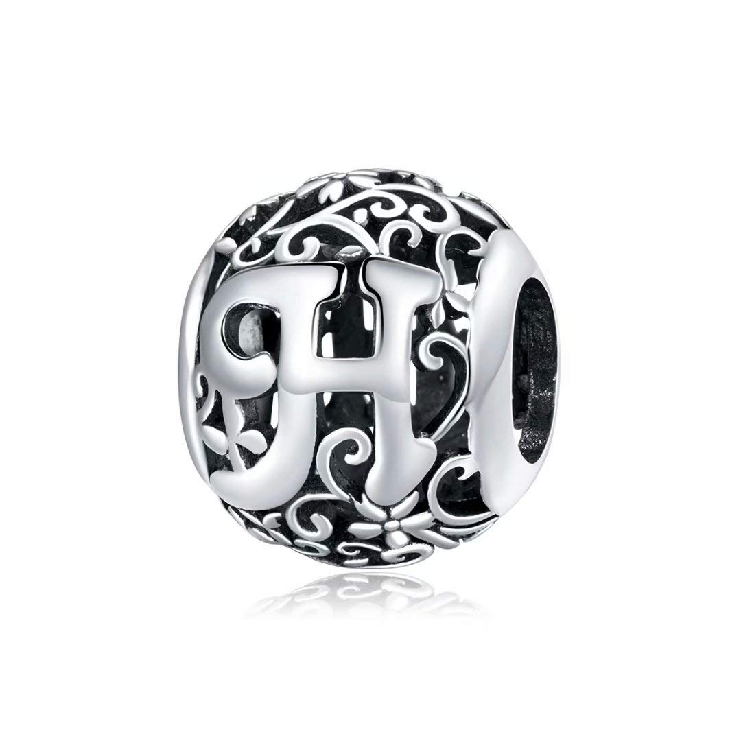 Qings 925 Sterling Silver Charms for Bracelets Necklace Compatible Initial Letter Beads H Openwork Alphabet Charm Bead Charms Bead Letters H Birthday Gift for Women Girls