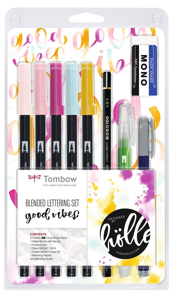 Tombow Blended Lettering Set includes 5 ABT Brush Pens, 1 Mono Pencil, 1 Mono Eraser, 1 Fudenosuke, 1 Water Brush, Blending Palette and Guide - Good Times, BS-FH2