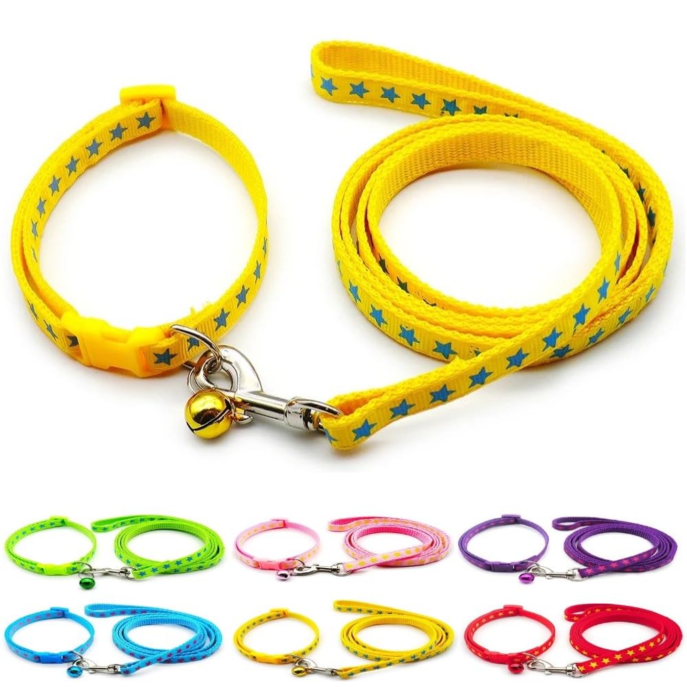 Small Dog Puppy Pet Collar and Lead Set Star Design Nylon Adjustable Size 19-32cm Collar with Bell and 120cm Leash Yellow