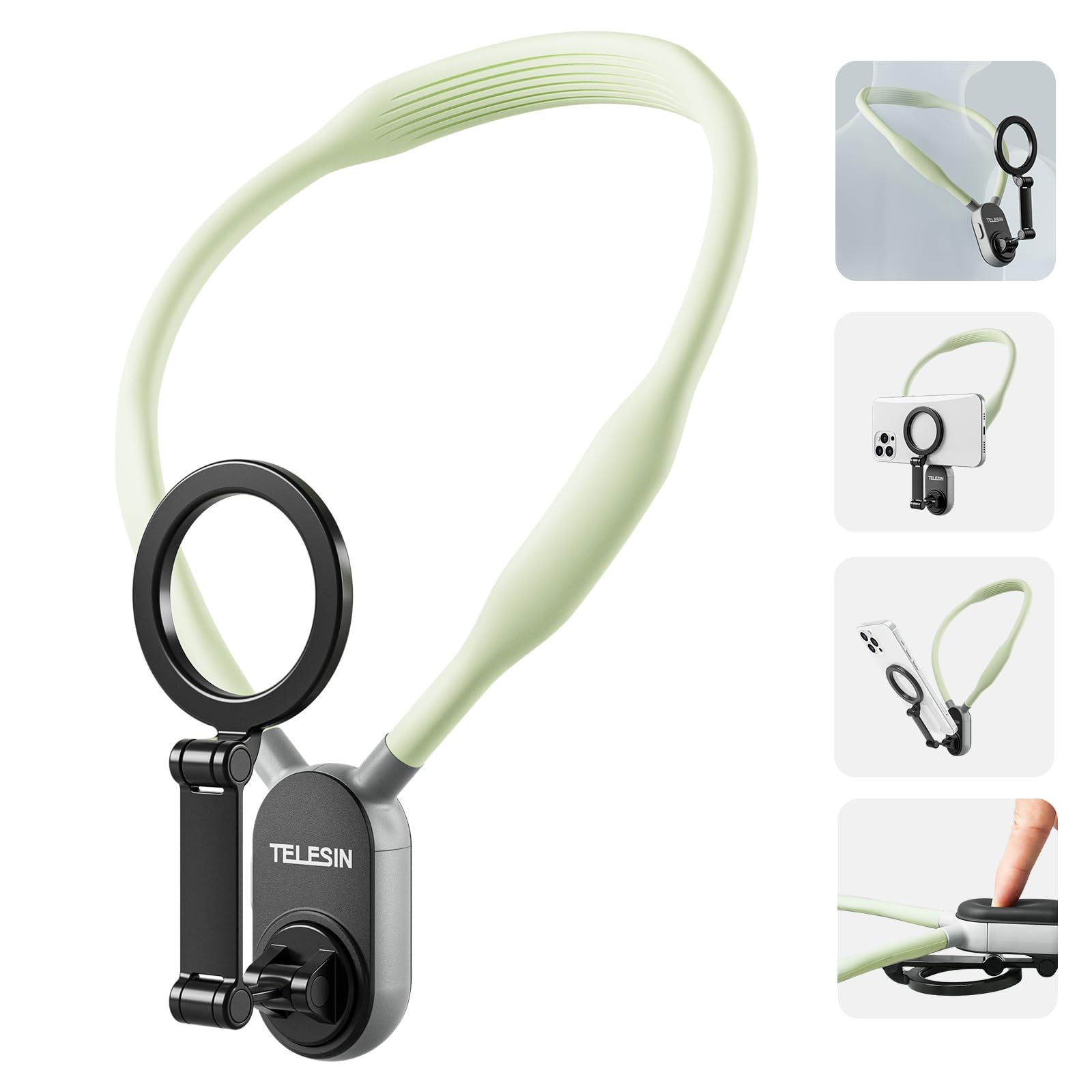 TELESIN Magnetic Neck Mount for Phones, Neck Cell Phone Holder POV/Vlog Selfie Mount Hand Free Phone Neck Holder Chest Stand Strap Video Recording for iPhone 15 14 13 12 Seires Android Phones(Green)