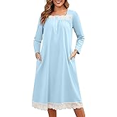Bloggerlove 100% Cotton Nightgowns for Women Button Down Long Sleeve House Dress Lace Nightdress with Pockets